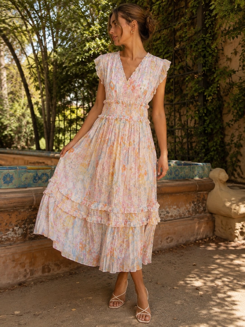 Anthropologie Current Air XS Pastel Floral Ruffle Maxi Dress V Neck Cottagecore